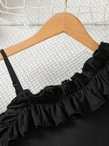 Vestido de Festa Casual de Primavera/Verão, Férias, Verão, Viagem para Meninas Pré-Adolescentes com Ombro Assimétrico, Babados Sobrepostos, Remendos de Tricô e Tecido Tecido, Estampa Sequinada, Cintura Elástica, Estampa Floral Preta e Rosa - Preto - Visão 4