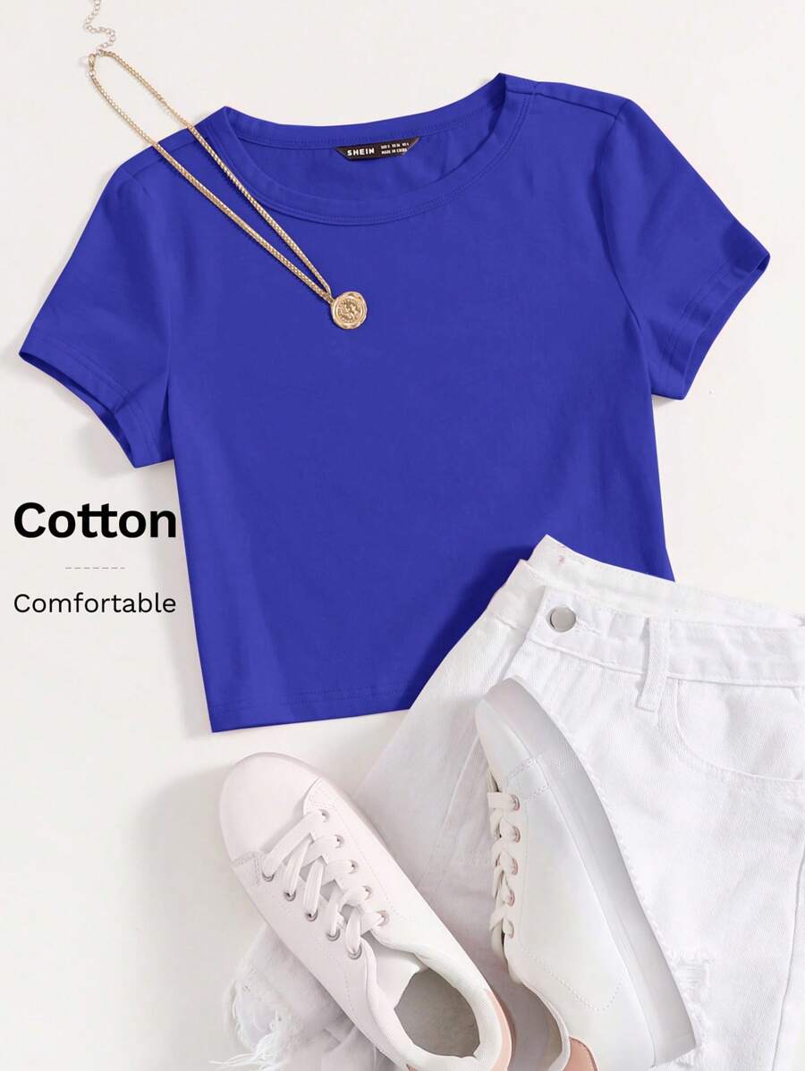 SHEIN EZwear Round Neck Short Sleeve Slim Fit Basic T-Shirt - Royal Blue - View 1
