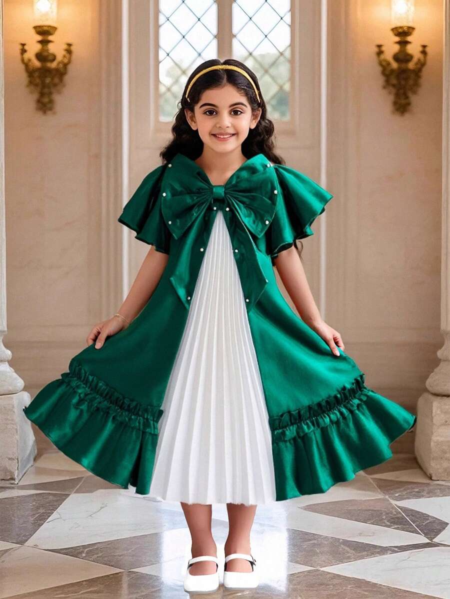 SHEIN Rochie de zi cu mânecă scurtă pentru fetiță minimalistă casual - Verde inchis - Vizualizare 1