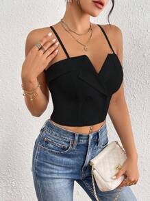 Breezaya 女士纯色短款修身休闲吊带背心，适合度假 - 黑色 - 查看 3