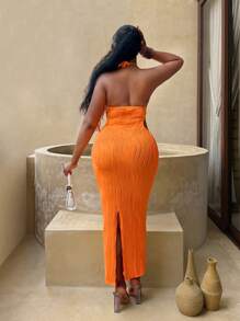 BamGleam Women's Solid Color Sexy Backless Halter Long Dress For Vacation
