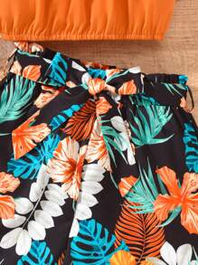2pcs Tween Girls Orange Off Shoulder Cropped Cami Top & Colorful Tropical Leaf Printed Matching Set, Spring/Summer Holiday