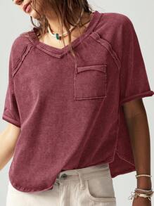 Bohemela BOHO Casual Solid Color Knitted Crew Neck Raglan Short Sleeve Loose T-Shirt For Women