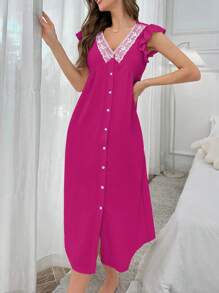 Color Block Lace Patchwork V-Neck Ruffle Sleeve Single-Breasted Chiffon Long Nightgown Babydoll Holiday Season, Moo Moo - Hot Pink - View 3