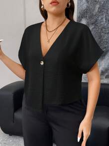 Firerie Blusa holgada de manga corta cómoda con botones metálicos texturizados de diseño único, para talla grande, de uso casual/laboral, apropiada para primavera/verano/otoño