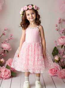 SHEIN 年轻夏季田园时尚无袖网眼连衣裙，适合家庭聚会、度假、派对和宴会 - 粉色 - 查看 10