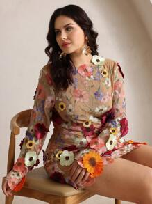 Anewsta 大码女式花卉刺绣修身迷你连衣裙，优雅春季 - 杏色 - 查看 2