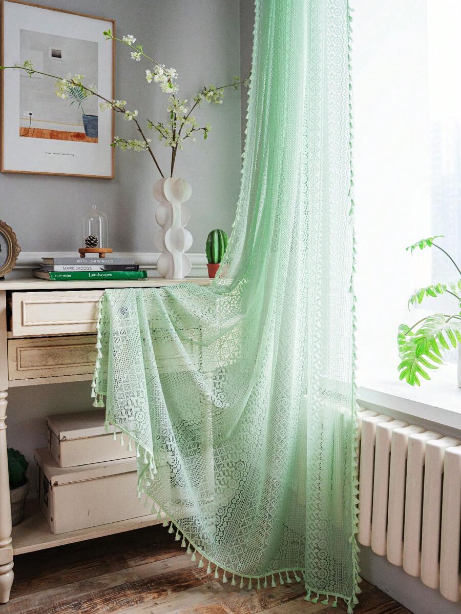1 pieza Cortina de dormitorio de encaje verde con diseño calado, estilo campestre bohemio con borlas verdes, cortina transparente y casual para decoración, boda, hogar, comedor, hotel, fiesta, todo el año