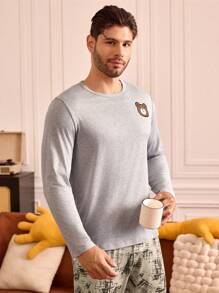 Happy Jammies Men's Bear Print Long Sleeve Top And Full Print Long Pants Loungewear Set - Grey - View 5