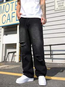 Manfinity EMRG 男士休闲破洞口袋简约牛仔裤，适合日常穿着 - 黑色 - 查看 6