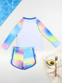 "Young Girls Bikini Sets女童(小)泳衣套装
蓝色晕染印花定位字母印花拼接两件套装长袖防晒泳衣时尚休闲精致华丽淑女适合游泳适合度假适合夏季" - Multicolor - View 2