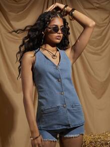 COSMINA Women's Elegant Vacation And Commute Denim 2 Pieces Set, Spring/Summer - Blue - View 3