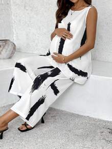 SHEIN 2 件套孕妇装毛刷印花不对称下摆无袖上衣和可调节腰部裤子，休闲