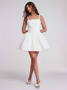 SHEIN BAE Women's White Summer Elegant Floral Embroidery Camisole Ballet Mini Dress,Mama Mia Birthday Party Wedding Guest Graduation Bridal Shower - White - View 3