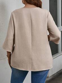 EMERY ROSE Plus Size Women Asymmetrical Double Layer Design Zipper Collar Comfortable Textured Fabric Blouse, Vintage Conservative Style, Spring/Summer