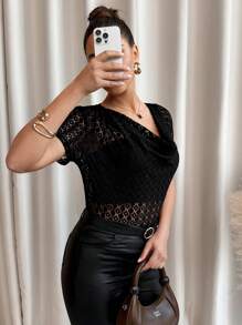 SHEIN Clasi 黑色镂空高领宽松短袖T恤，女士夏季蕾丝上衣 - 黑色 - 查看 4