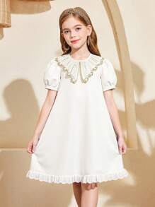 女孩优雅金领泡泡袖连衣裙 - 杏色 - 查看 8