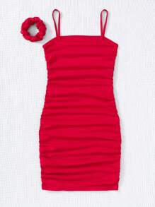 SHEIN Teen Girls' Solid Red Valentine's Day Ruched Cami Dress (1 Headband Included) - Red - View 2