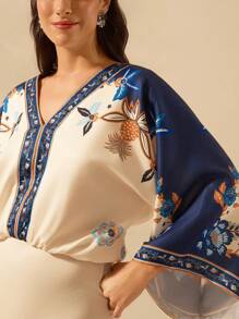 CAJUNI Women's Boho Tropical Plant Print Deep V-Neck Backless Loose Long Sleeve Bodysuit, Casual Holiday Summer Beach Wear - Multicolor - View 3