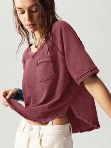 Bohemela BOHO Casual Solid Color Knitted Crew Neck Raglan Short Sleeve Loose T-Shirt For Women