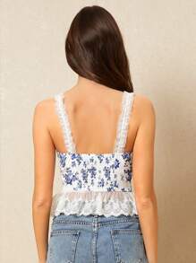 Poéselle Women's Elegant Ditsy Floral Lace Trim Camisole ,Elegant And Romantic Lace Patchwork Top,Blue And White Top - White - View 2
