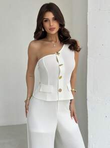 SHEIN Privé Conjunto de dos piezas elegante, romántico y sexy de estilo oficinista para mujeres: Blusa con hombros descubiertos blanca + Pantalones de corte holgado. Ideal para ocasiones como el Día del Maestro, fiestas, vacaciones, regreso a la escuela, citas románticas y bodas.