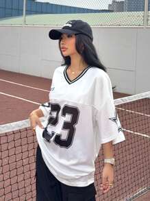 Muchica Women Aummer Graphic Number & Letter Print Basketball Jersey T-Shirt Top & Black Cargo Pocket Pants 2 Pieces Casual Streetwear Suit