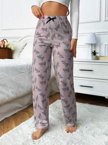 RueChic Women High Quality Soft Touch Viscose Contrast Colour Cat Pattern Lounge Bottom - Lilac Purple - View 1