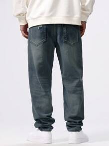 Manfinity Homme Men's Casual Straight Leg Distressed Jeans With Pockets - Medium Wash - View 2