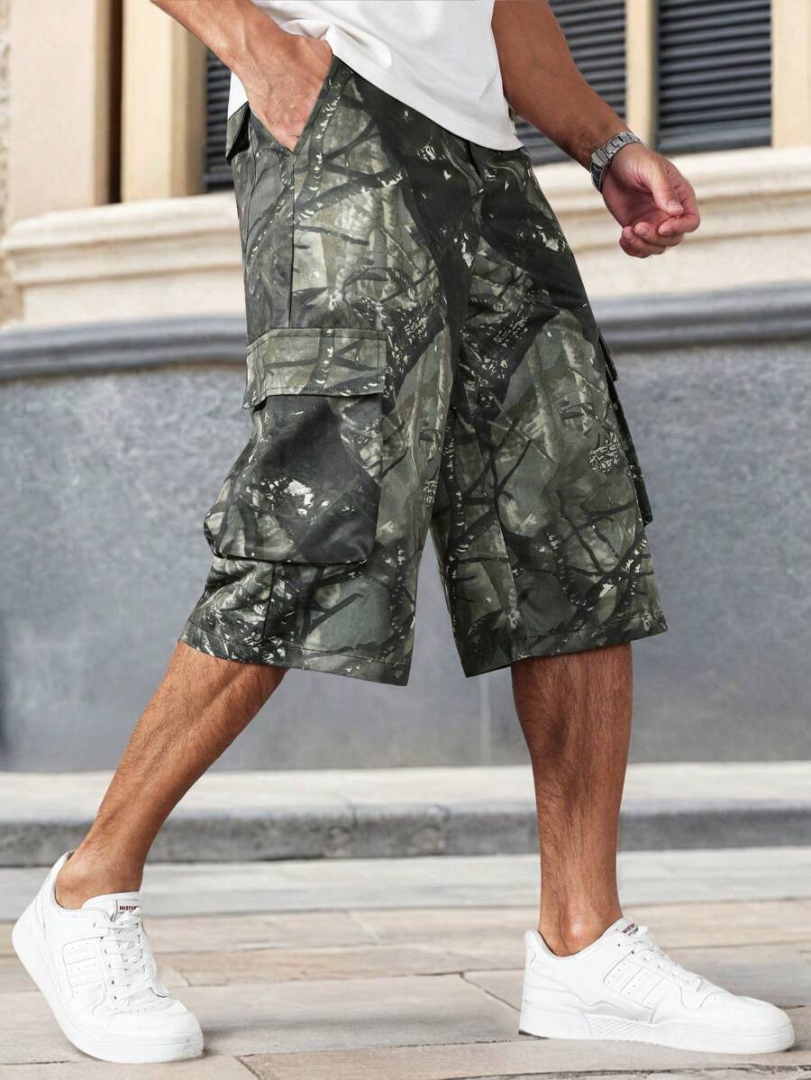 Manfinity Roughcore Men's Dead Tree Print Cargo Shorts, Summer Streetwear Beach , Cool Street Style, Gifts For Friends, Husband, Boyfriend - Multicolor - View 1