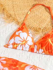 Tween Girl Summer Beach Floral Printed Halter Bikini Set With Cover Up Skirt Bathing Suit Tween Girl Swimming, Tween Girl Beachwear - Multicolor - View 5