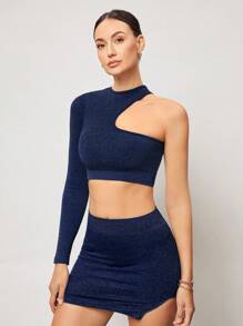 Activina 无缝不对称短款运动 T 恤 - 藏蓝色 - 查看 5