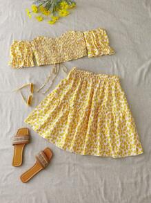 Flirla Conjunto de 2 piezas de talla grande, blusa corta con hombros descubiertos y cordón, y falda corta con estampado floral ditsy, para primavera/verano - Amarillo - Ver 2