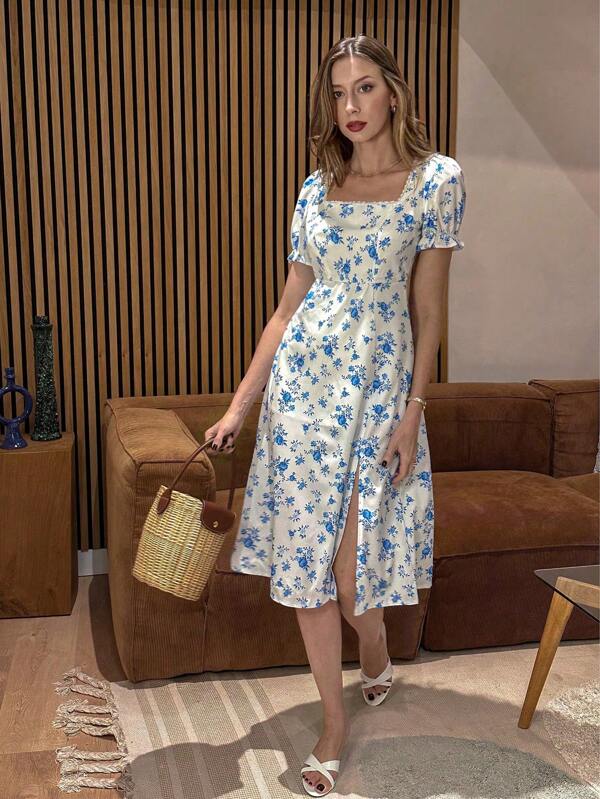 Pariaura Rochie midi din dantelă florală de damă, albastru și alb, în stil franțuzesc