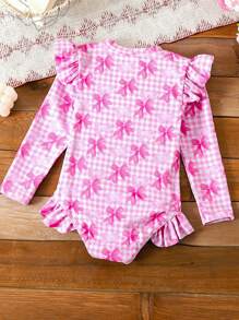 SHEIN Young Girls Sweet Bow Printed Ruffled One-Piece Swimsuit, Pink Striped, Perfect For Summer Beach Vacations - Multicolor - View 2