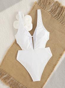 SHEIN Swim 1 pieza Elegante traje de baño blanco de vacaciones con detalles de gran lazo para mujer - Blanco - Ver 7