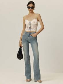 Poéselle Damen Kontrast Spitze Ösen Bindebänder Figurbetonte Camisole Trägershirt