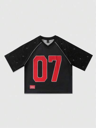 Prep Camiseta deportiva de hombre con diseño de parches de malla de tela brillante, jersey atlético de manga corta