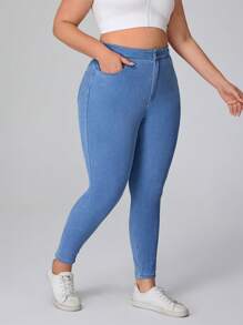 SHEIN Essnce Plus Size Front Button Pocket Simple Slim Fit Casual Jeans Stretchy Knit Denim Apple Bottom Jeans - Blue - View 4