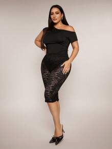 SHEIN BAE Plus Size Women's Black Lace Semi-Sheer Cami Shorts, Elegant & Sexy, Suitable For Dailywear, Vacation - Black - View 6