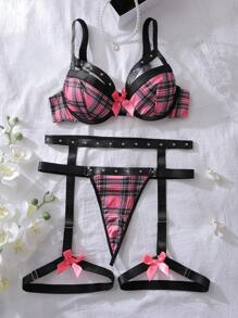 SHEIN 4 件套蝴蝶结格子印花女士性感内衣套装 - 彩色 - 查看 7