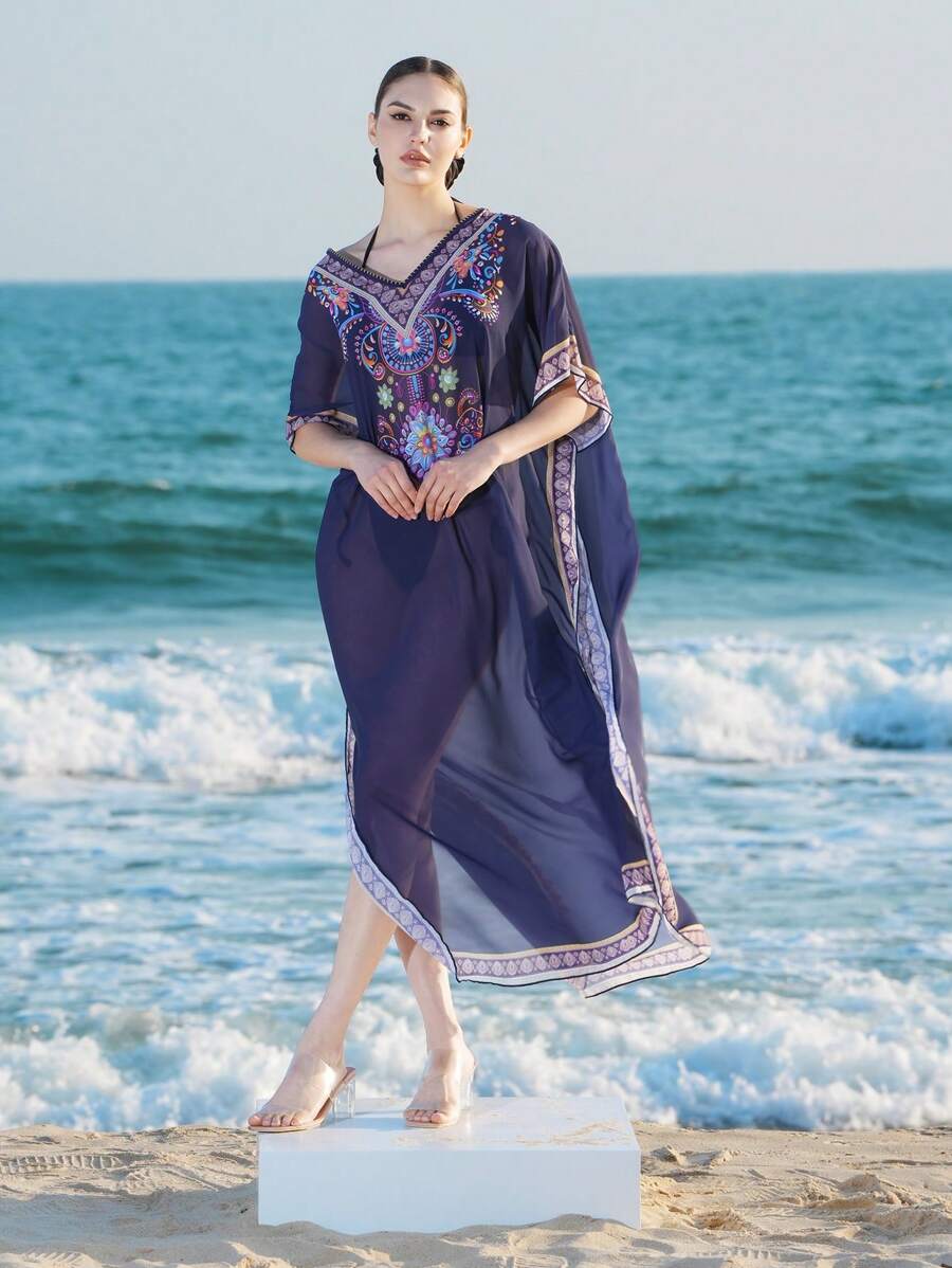 SHEIN Swim New Bohemian V-Neck Positioned Print Short Sleeve Long Pants Beach Cover-Up Outfit Women Springbreak Summer Festival Boho - Navy Blue - View 1