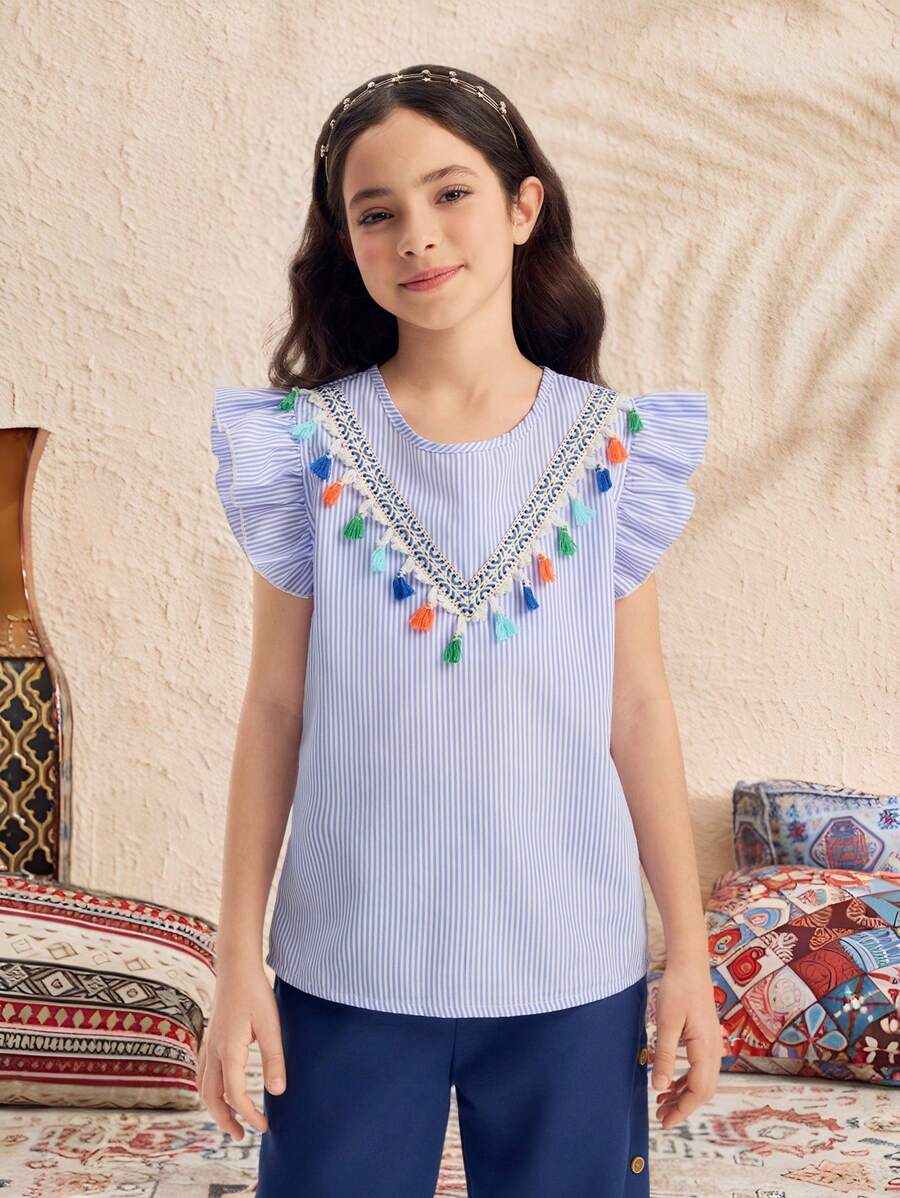 SHEIN Tween Girl 盖袖蓝白条纹流苏衬衫,适合搭配裤子、裙子 - 藍色 - 查看 1