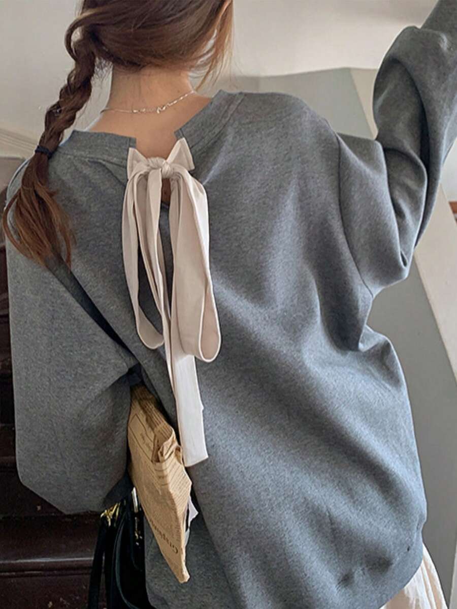 INAWLY 女士纯色圆领长袖休闲卫衣，秋冬套头衫 - 灰色 - 查看 1