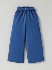 SHEIN 年轻女孩纯色打结腰阔腿宽松休闲牛仔裤 - 深色水洗藍 - 查看 2