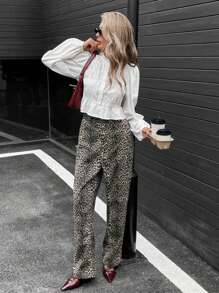 SHEIN Essnce Casual Women's Solid Color Ruffle Bell Sleeve Pleated Single Breasted Blouse