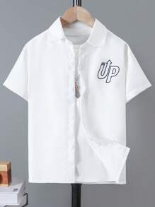 SHEIN Tween Boy Casual Patchwork Cool Stampato Turndown Collare Camicia a Maniche Corte, Estate - Bianco - Visualizzare 4