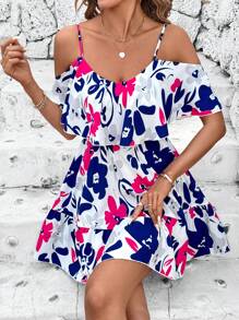 SHEIN Clasi Women's Elegant Open Shoulder Ruffle A-Line Colorful Printed Summer Mini Dress, Holiday Dress,Sun Dress