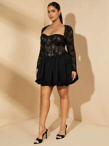 SHEIN BAE 大码女式优雅蕾丝拼布长袖透视喇叭裙，春夏 - 黑色 - 查看 5