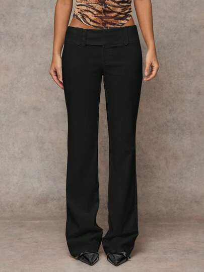 SHEIN BAE Kvinnor Vanlig färg Fritids-/moderiktig utflykt/Mångsidig Casual/Gammal Pengar-stil Patchficka Bred midjeband Enkel pendling Kontor Låg midja lösa Breda Byxor, Höst/Vinter Dambyxor, Byxor, Klänningsbyxor för kvinnor, Arbetskläder, Vintagestil